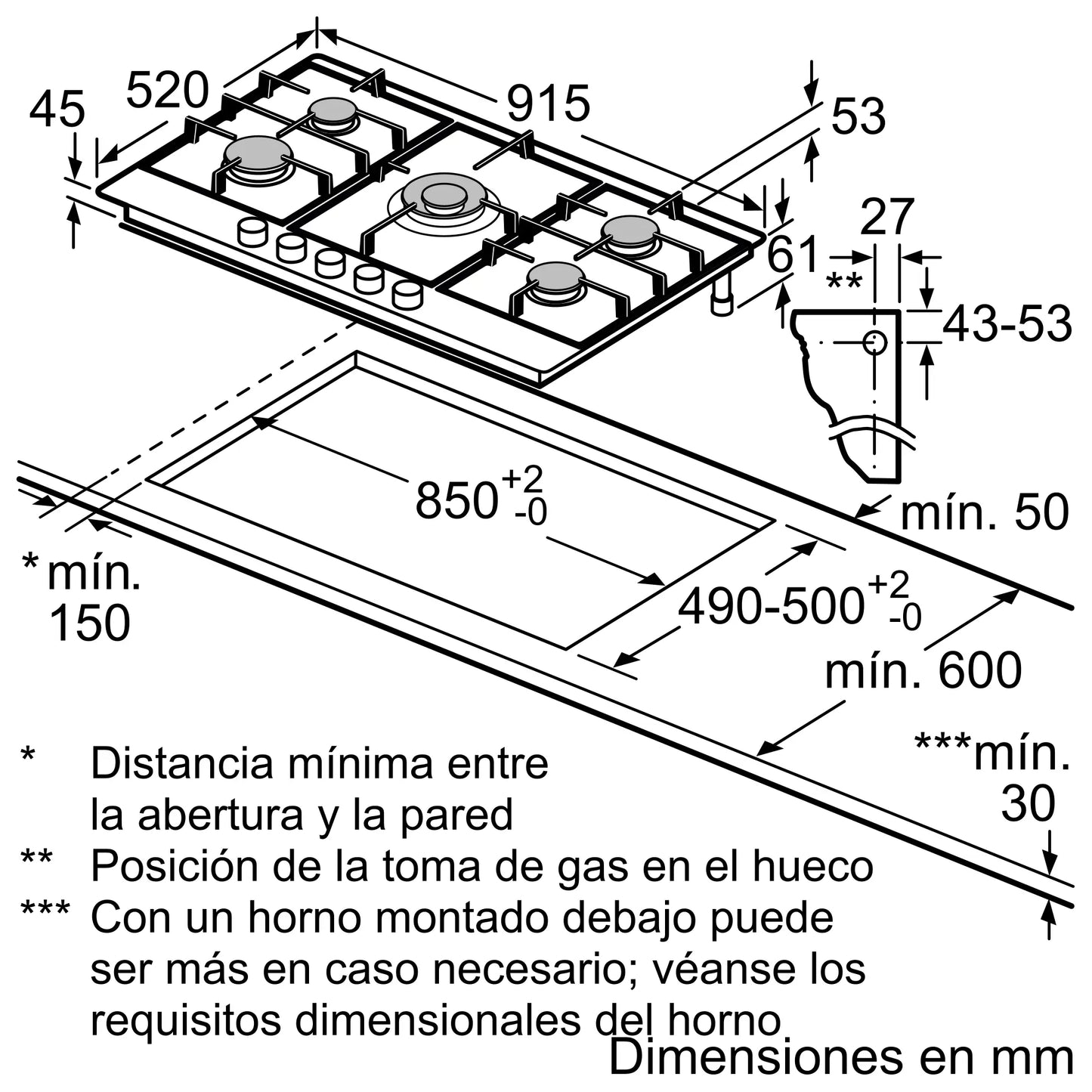 Estufa de Gas Bosch Serie 6 – 5 Quemadores, Acero Inoxidable PCR9A5B90