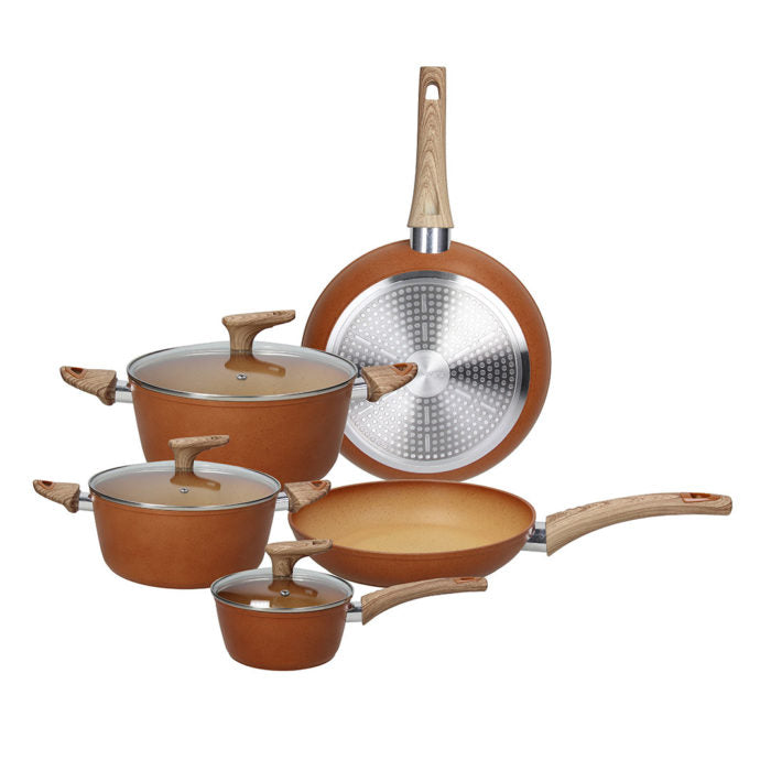 Juego de Ollas y Sartenes 8 Piezas Naranja | colección piedra tradicional de Alta Resistencia.