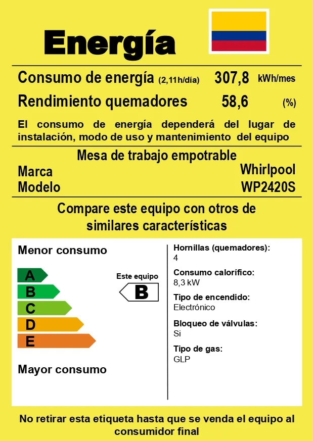 Cubierta a Gas Acero 75 cm Whirlpool -  WP3040S