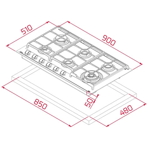 Cubierta a gas 6 Puestos 90cm Teka Cristal Negro - GZC96310XBB
