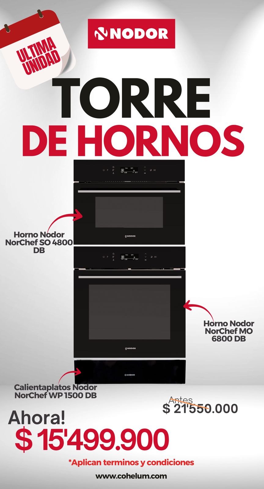 Nodor Línea 45 cm – Horno a Vapor + Horno Multifuncional + Cajón Calientaplatos