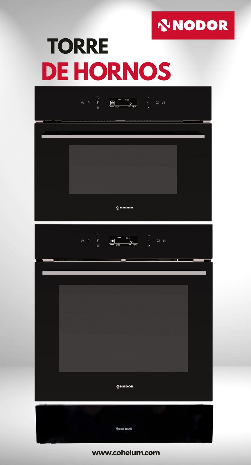 Nodor Línea 45 cm – Horno a Vapor + Horno Multifuncional + Cajón Calientaplatos