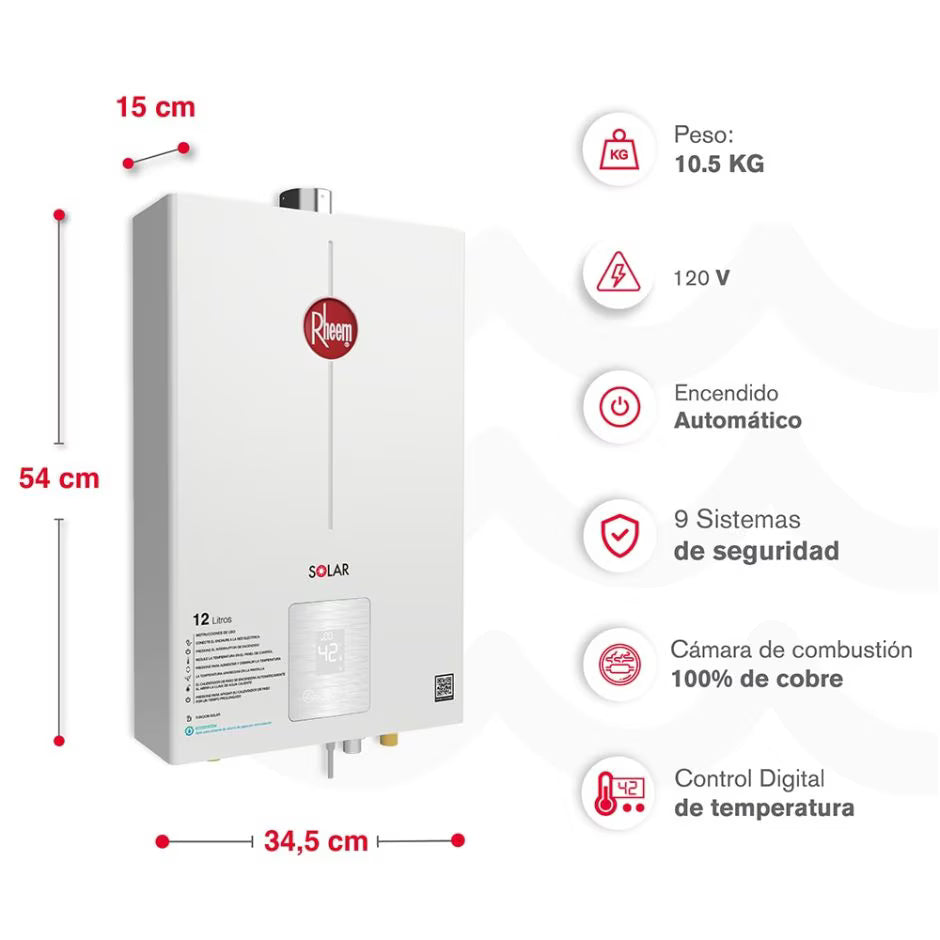 Calentador de agua Rheem Digital 12 Litros Tiro Forzado Gas Natural